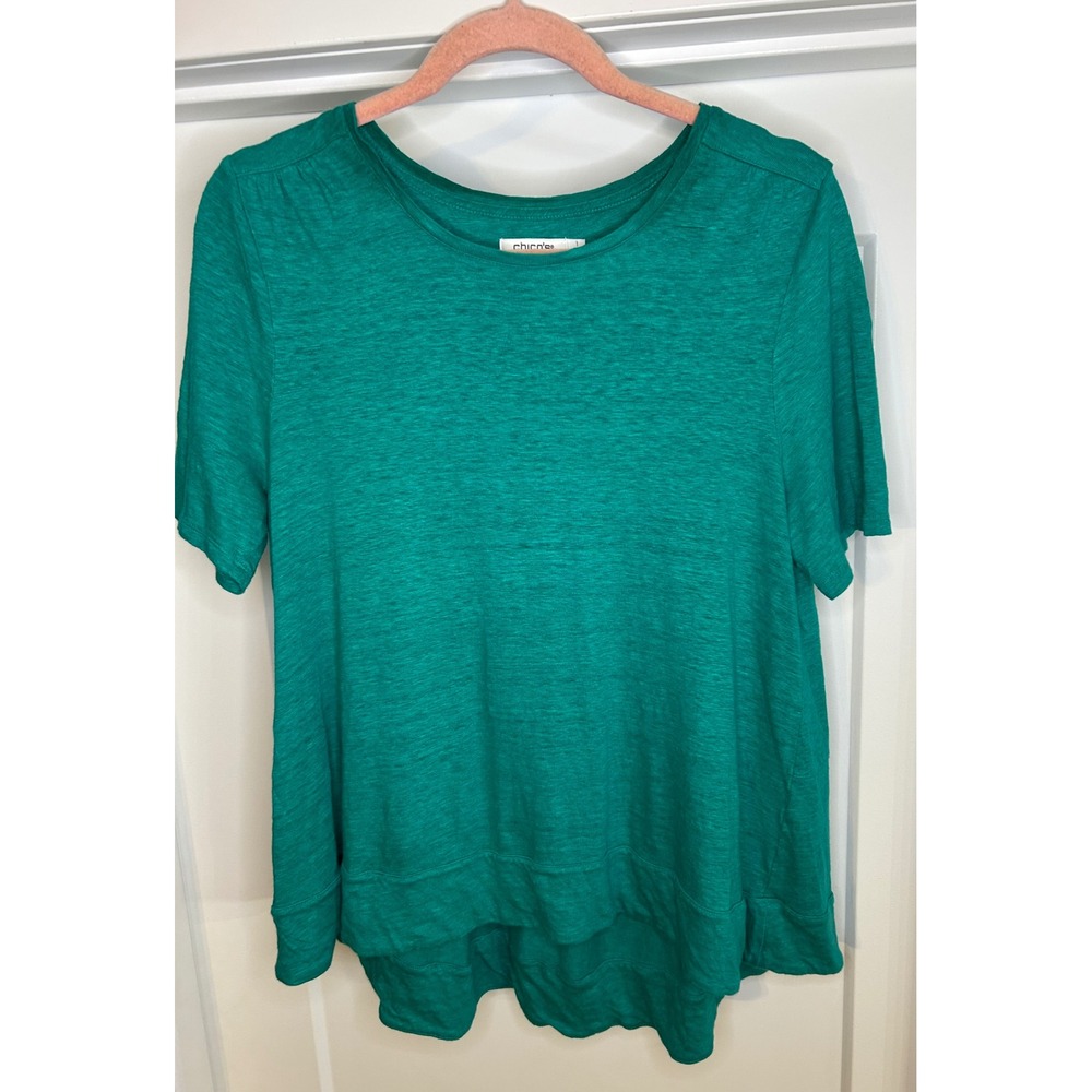 Chicos‎ Size 1 (Medium) Linen Teal Green Crew Neck Knit Lightweight Short Sleeve
